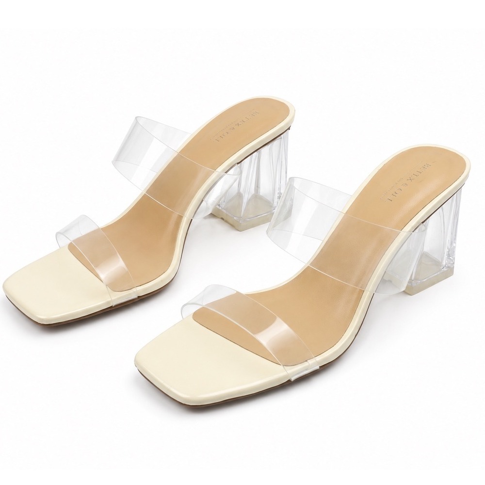 BCTEX COLL Clear Strap Lucite Block Mule Heel Sandals Women's Size 10